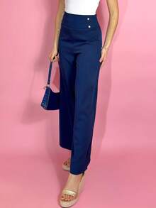 Aless PB 女士高腰显瘦阔腿藏蓝色长裤，适合通勤。 - 藏蓝色 - 查看 4