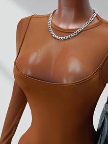 BamGleam Mock Neck Long Sleeve Splicing Hollow Out Jumpsuit, Sexy & Slim Fit - Brown - View 4