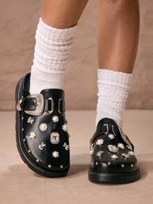 ROMWE Grunge Punk Women's Fashionable And Comfortable Black Wedge Heel & Thick Sole Oxford Shoes With Rivets Valentines,Mule Shoes - Black - View 2