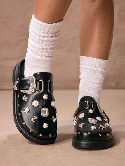 ROMWE Grunge Punk Women's Fashionable And Comfortable Black Wedge Heel & Thick Sole Oxford Shoes With Rivets Valentines,Mule Shoes