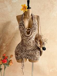 Soleia Women's Vacation Beach Leopard Print Backless Halter Mini Dress,Summer Dress,Vacation Dress,Summer Dresses For Women - Multicolor - View 9