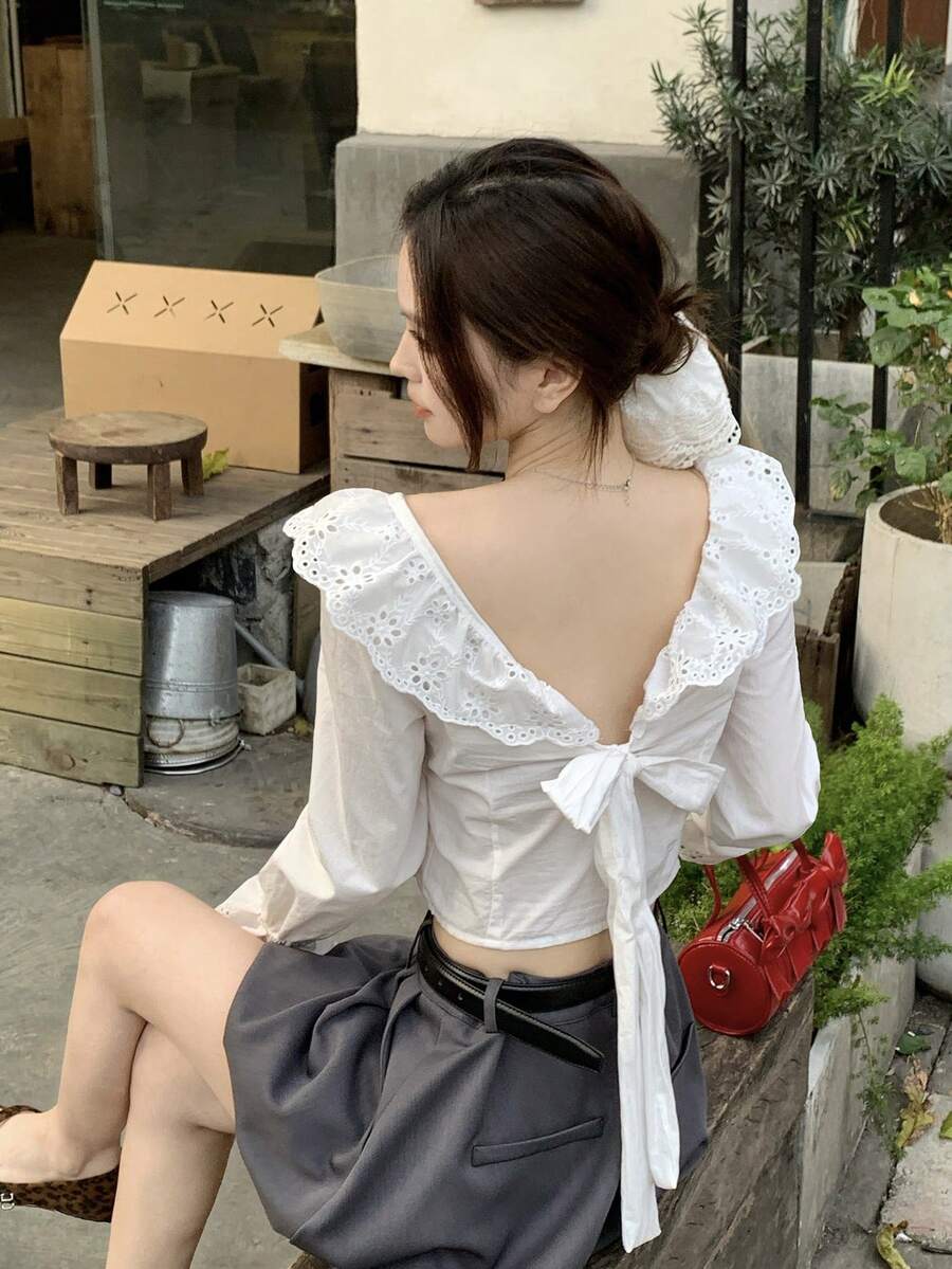 DAZY 女士荷叶边系带露背长袖衬衫 - 白色 - 查看 1