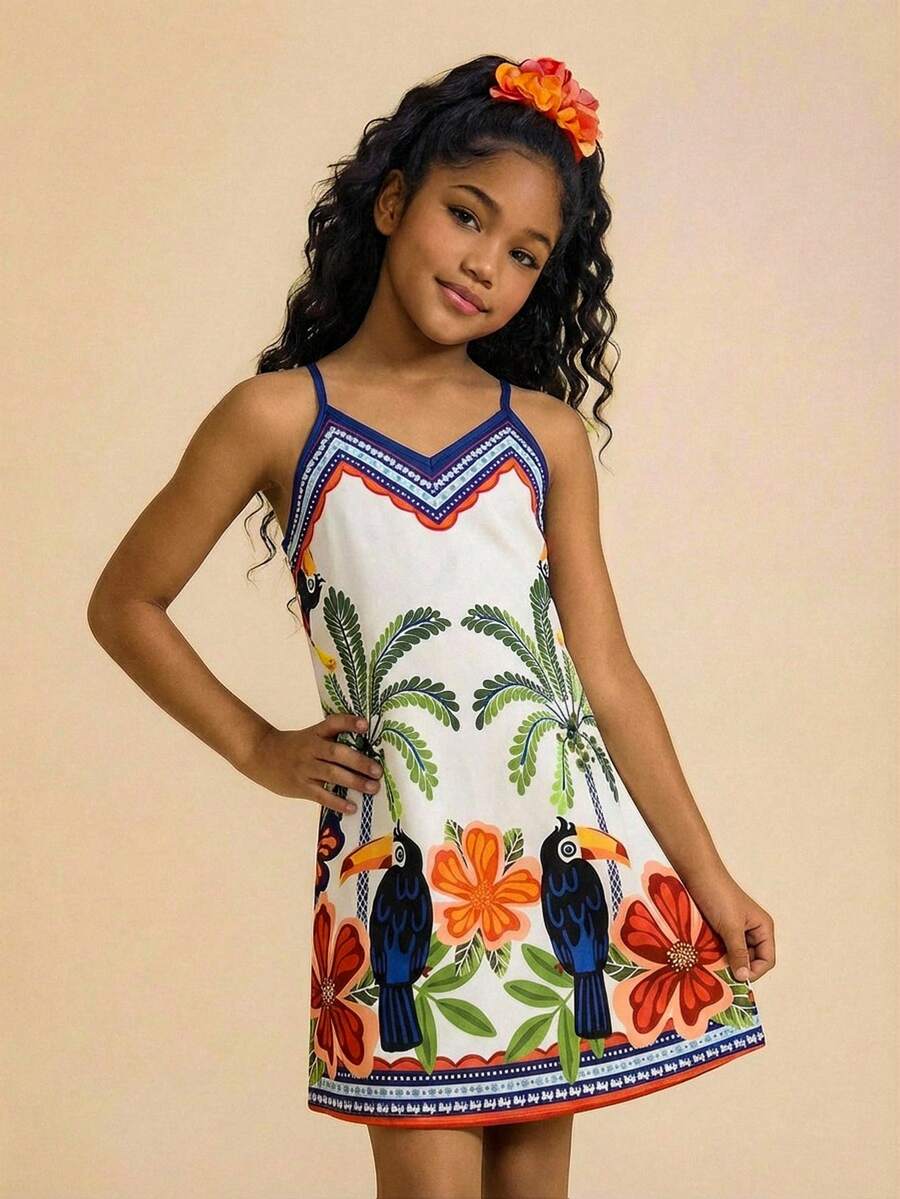 Travachic KIDS Vestido casual sin mangas con estampado floral para vacaciones de verano de niñas preadolescentes - Multicolor - Ver 1