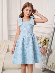 Pitira Mädchen Jacquard Blumen-Ärmelloses Kleid mit abnehmbarer Schleife, geeignet für Blumenmädchen, Hochzeitssaison, Valentinstag, Party, Geburtstag, Chinesisches Neujahrsfest und andere Anlässe - Blau - Übersicht 6
