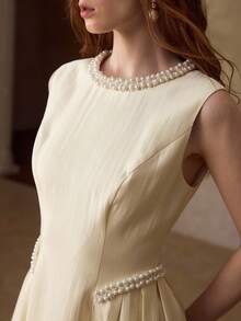 MOTF PREMIUM ELEGANT FRENCH FASHION DELICATE SLEEVELESS PEARL RIBBON DECOR WOMEN'S DRESS - Apricot - View 2