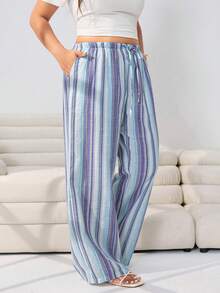 Solflare Pantalones de pierna ancha con bolsillos y cintura con lazo a rayas para mujer de talla grande, para primavera/verano - Multicolor - Ver 5