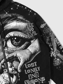 ROMWE MEN Street Life Sudadera con capucha con estampado de eslogan de ángel callejero para hombres - Negro - Ver 4