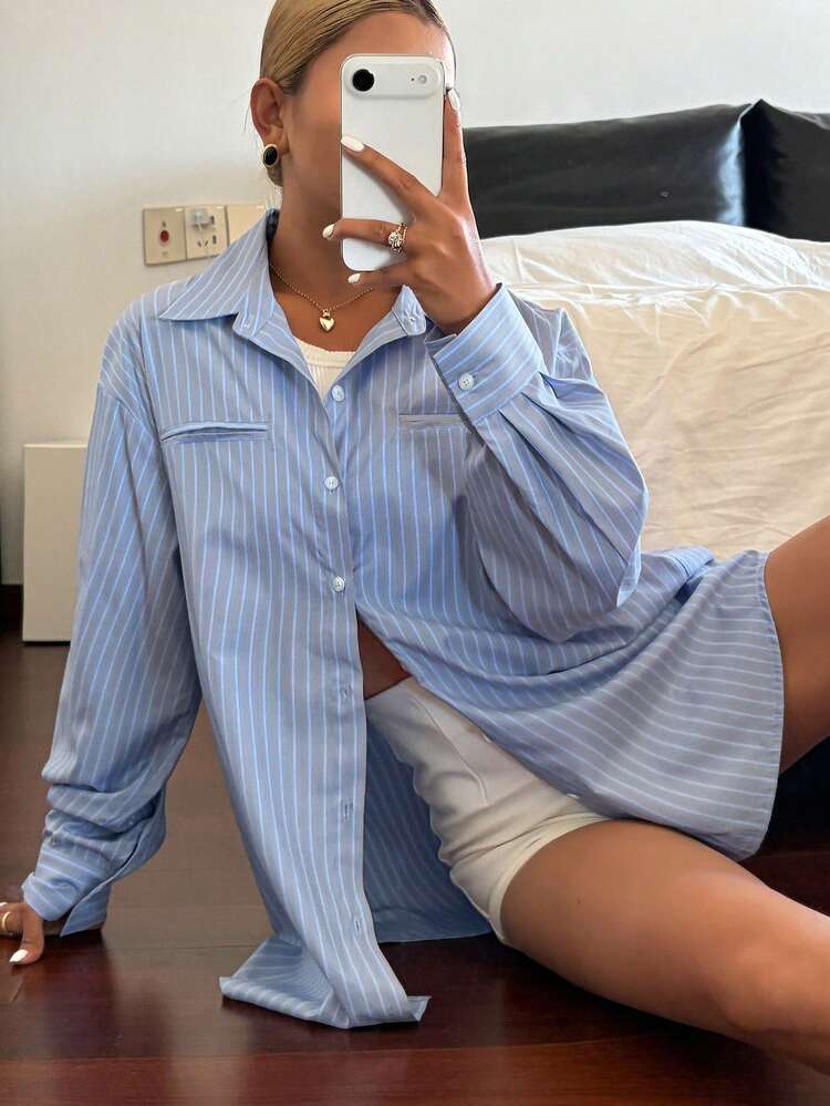 Women's Loose Striped Casual Shirt With Front Short Back Long Design