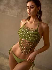 MOTF PREMIUM 串珠细节垂褶挂脖比基尼套装 - 軍綠色 - 查看 4