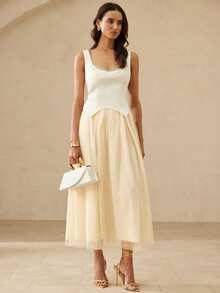 BELROSIE Vestido elegante y grácil de estilo retro francés para mujer, con parches de satén lujoso y malla, cuello alto, diseño con abertura en la cintura, sin mangas, adecuado para citas, fiestas y bodas - Albaricoque - Ver 5