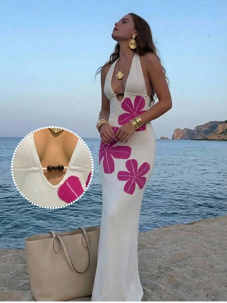 Aloruh Đầm len nữ thêu hoa phối viền tương phản đính hạt, lãng mạn cho kỳ nghỉ xuân/hè và hẹn hò. - Màu be - Xem 1