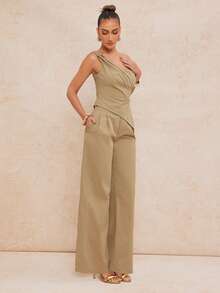 Lumalex Women's Casual One-Shoulder Metal Buckle Outfit Summer Pant Suit Summer Sets Beige Two Piece Set Two Piece Set Women Elegant Early Spring Asymmetric Collar Cinched Waist Straight Leg Women's Suit Set Luxury NewYearNewLook QuietLuxe Prom Gathering Party Banquet Modest Old Money Glitter Holiday Party Rave Festival Outing Vacation Hot Outdoor Richly Layered Wedding VDayGiftGuide RomanticVDayOutfit Season Banquet ID Party New Year Looks Of Party - Khaki - View 8