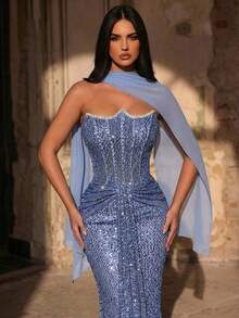 Glamrae Đầm dạ hội sang trọng, đính cườm và sequin cầu kỳ, cổ áo bất đối xứng, kiểu yếm, phủ voan mỏng, đuôi cá có thể tháo rời, phù hợp cho đám cưới, sự kiện trang trọng, dạ tiệc. - Xám Xanh - Xem 6