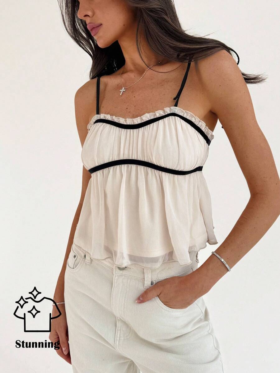 Aloruh 白色撞色黑色滚边夏季海滩外出度假假日正式场合上衣，特殊场合波西米亚优雅浪漫休闲上衣