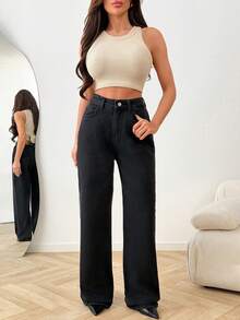 SHEIN High Rise Straight Leg Denim Woman's Button Front Jean Black Everyday Autumn Casual Streetwear Back-To-School Night Work - Black - View 5