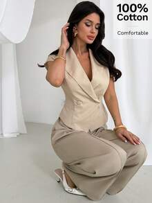 Firerie Áo blazer nữ thanh lịch, tối giản, kiểu dáng thường ngày, phù hợp đi làm, không tay, cổ ve áo, cài nút, màu mơ, tay ngắn. - Màu be - Xem 9