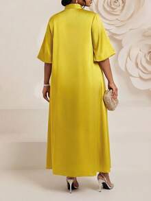 Fleurora 春夏优雅端庄派对婚礼鸡尾酒会音乐会/音乐节金色织缎立领舞会礼服荷叶边A字裙 - 黃色 - 查看 3