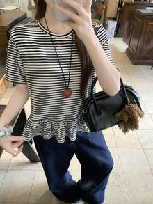 DAZY Women's Loose Fit Ruffle Hem Black & White Striped Long Sleeve T-Shirt, Minimalist Design - Black - View 1