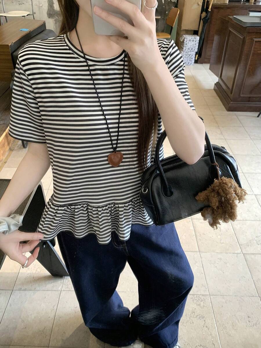 DAZY Women's Loose Fit Ruffle Hem Black & White Striped Long Sleeve T-Shirt, Minimalist Design - Black - View 1