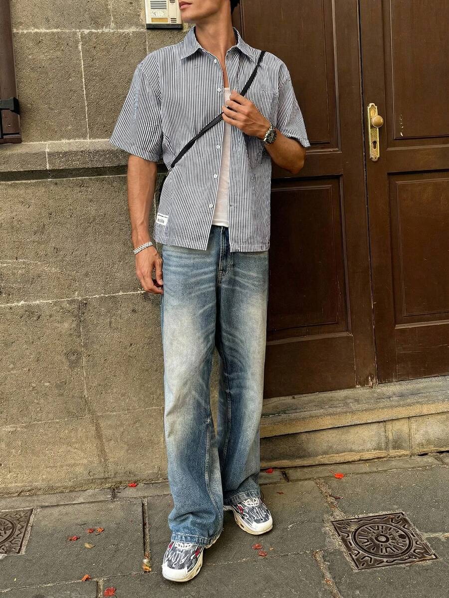 SWAVVY 男士休闲条纹短袖衬衫，夏季 - 灰色 - 查看 1