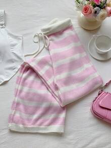 SHEIN EZwear Quần dệt kim dáng rộng kẻ sọc, cạp chun, dành cho nữ, kiểu dáng thường ngày. - Nhiều màu - Xem 7