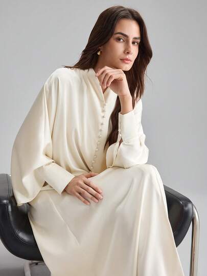 Ontre 2026 New Arrival Early Spring Beige Long Sleeve Flared Sleeve Single-Breasted Long Dress, Suitable For Modern Urban Parties, Back To School Season, Urban Minimalist Casual Daily Wear, Bohemian Style, Vacation, Festivals, Spring