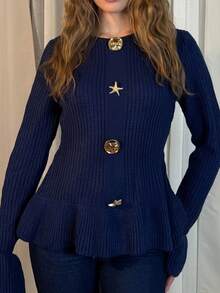 Aless PB 女士优雅金属扣袖口和荷叶边下摆设计长袖毛衣，秋冬 - 藏蓝色 - 查看 3