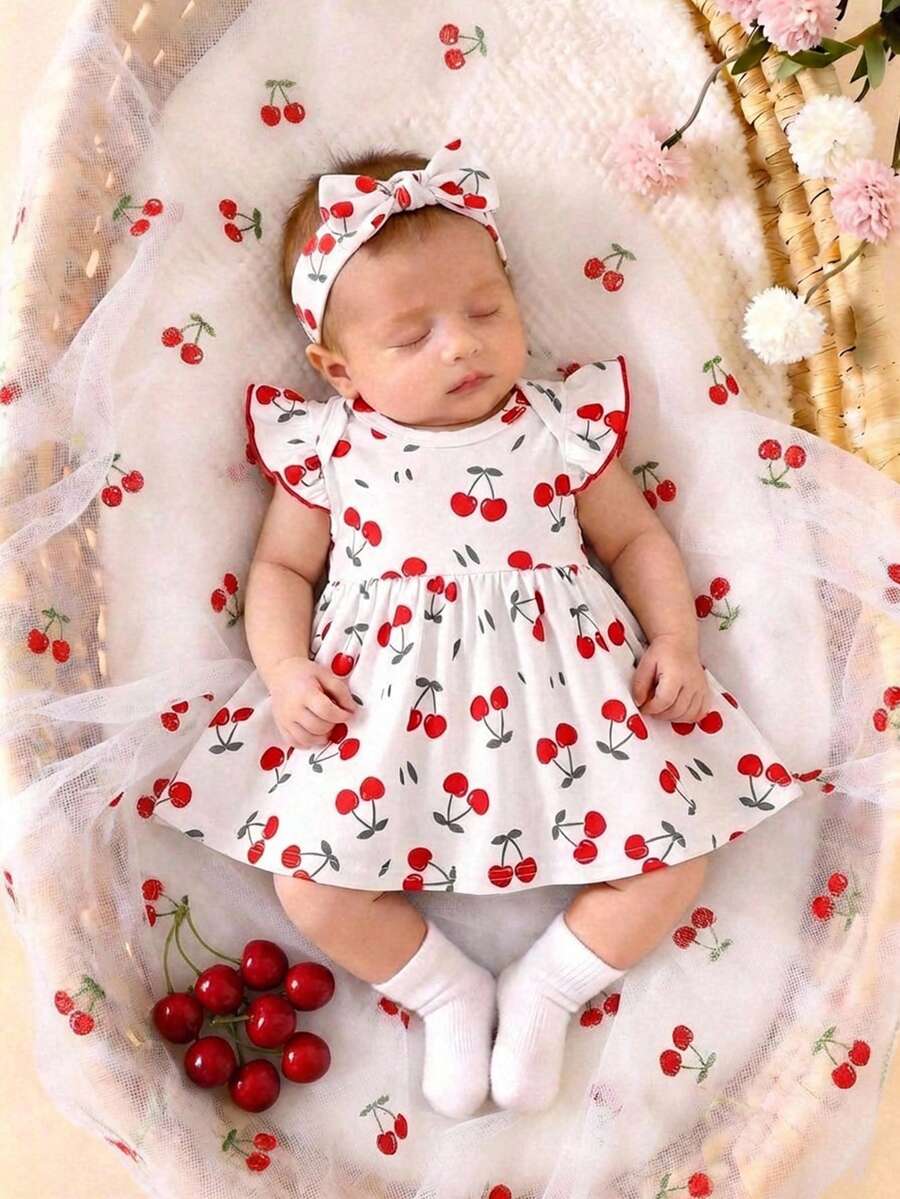 SHEIN 新生女宝宝可爱休闲针织樱桃图案荷叶袖连衣裙，夏季 - 彩色 - 查看 1