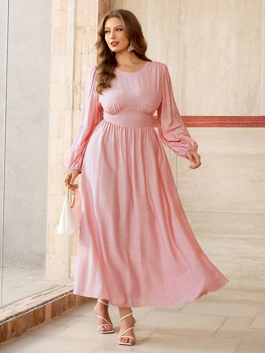Roveilla Spring/Summer New Women's Round Neck Waist Cinched Lantern Sleeve Long Sleeve Lustrous Textured Flowy Elegant Dress - Pink - View 1