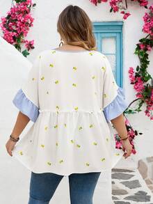 SHEIN CURVE+ Curve 尺码 US22 音乐节、海滨度假、波西米亚风女士休闲度假条纹V领拼接柠檬印花A-List Doll衬衫 - 彩色 - 查看 3