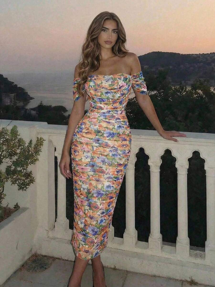 SHEIN MOD Women's Colorful Floral Off-Shoulder Fitted Long Dress, Suitable For Spring/Summer, Date, Garden, Party, Wedding Guest, Afternoon Tea ,Summer Dress - Multicolor - View 1
