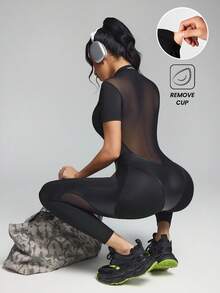 Innovista Women's Black Summer Athleisure Gym Jumpsuit,Short-Sleeve Mesh Panel Equestrian One-Piece,Front Zipper,Removable Pads,Tummy Control & Lifting - Black - View 5