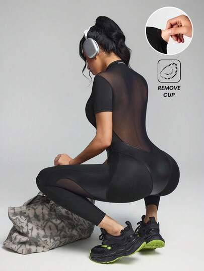 Innovista 女士纯色网眼拼接短袖拉链领马术连体衣