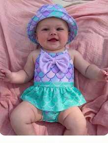 SHEIN Newborn Cute Summer Mermaid Pattern Casual Knitted Bow Color Block Suspender One-Piece Swimsuit - Multicolor - View 1
