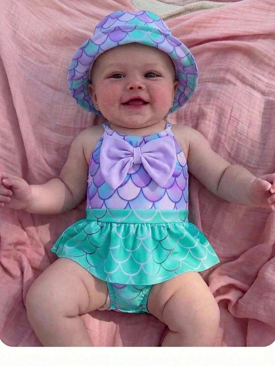 SHEIN Newborn Cute Summer Mermaid Pattern Casual Knitted Bow Color Block Suspender One-Piece Swimsuit - Multicolor - View 1