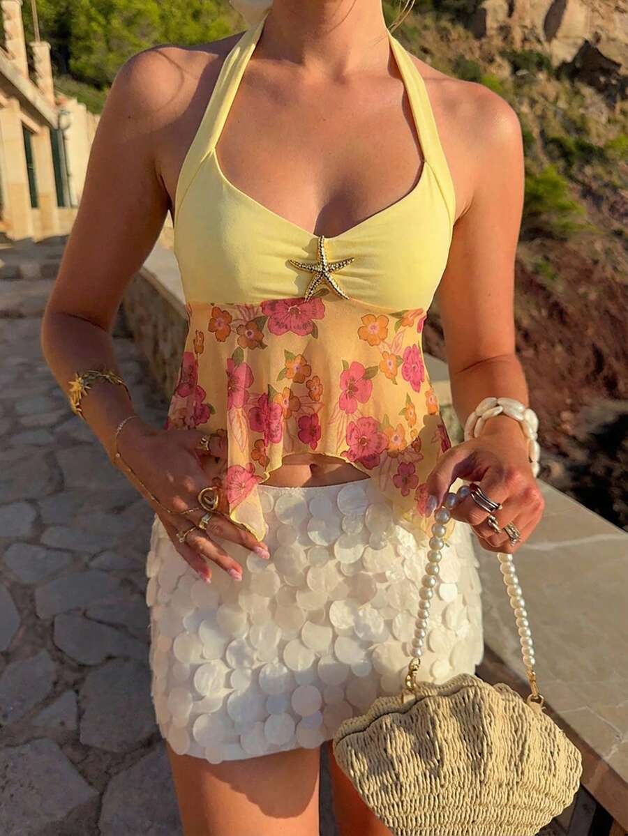 Aloruh 女士吊带系带碎花不对称下摆上衣，适合约会和外出穿着