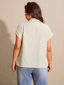 Elaquor Plus Size Women Striped Batwing Short Sleeve Single-Breasted Casual Shirt Summer Casual Vacation Blouse For Women - Yellow - View 2