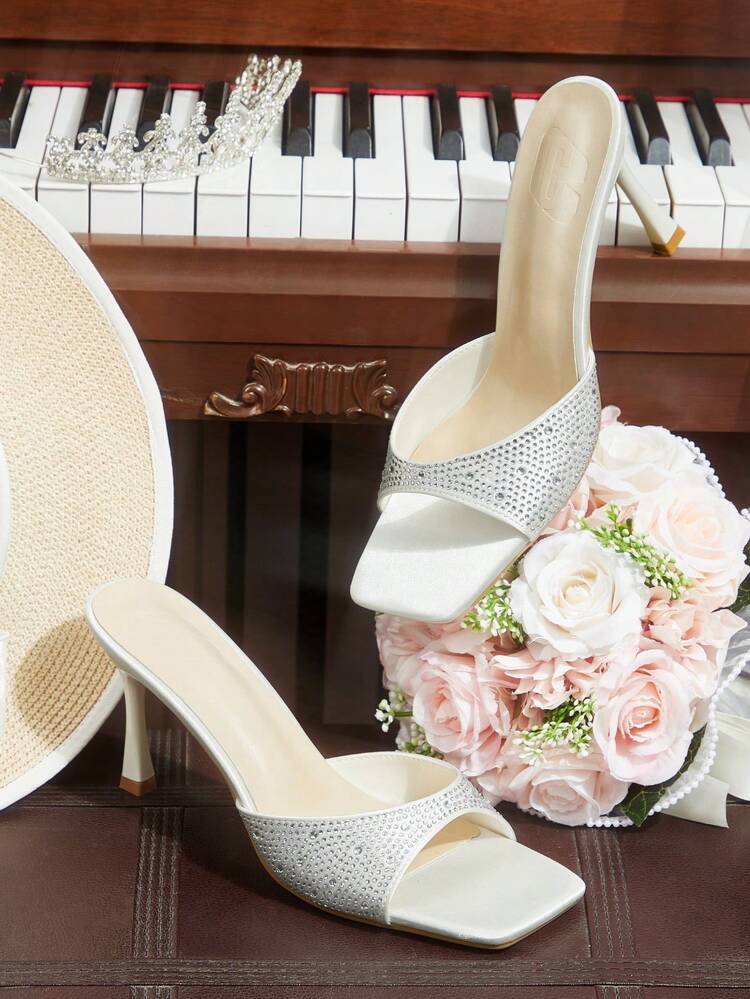 CUCCOO HITCHD New Beige Thin Heel Square Toe Diamond Fashionable Versatile Women's High Heel Shoes Wedding Shoes Summer Shoes Bride Shoes