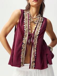 Bohemela Women's Summer Casual Boho Resort Country Style Western Music Festival Retro Knitted Washed Shell Ribbon Decorated Front Center Tie Divided Cardigan A-Line Loose Vest Top, Summer For Women, Party , Going Out Top For Women, Beach For Women , Holiday , Red Top - Purple - View 3