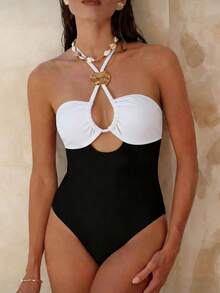 Swim Chiccia Đồ bơi hở lưng không tay, hở lưng, cạp cao, họa tiết chắp vá gợi cảm, thanh lịch dành cho nữ, thích hợp cho kỳ nghỉ ở bãi biển, mùa xuân/hè - Đen và trắng - Xem 4