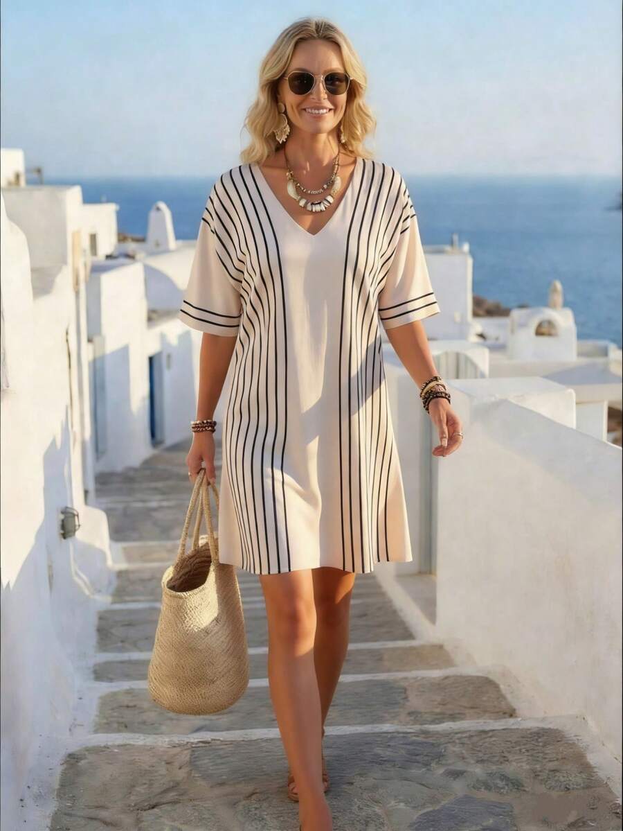 Breezaya 宽松V领短袖休闲连衣裙/日常/通勤/修身迷你连衣裙 - 杏色 - 查看 1