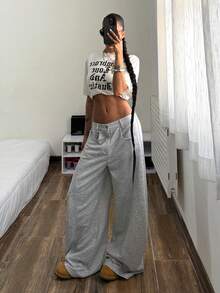 Muchica 女士休闲口袋纽扣阔腿裤，日常百搭 - 灰色 - 查看 4