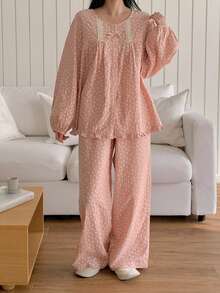 DAZY 甜美花卉蕾丝边饰荷叶边灯笼袖宽松女士睡衣套装 - 粉色 - 查看 10