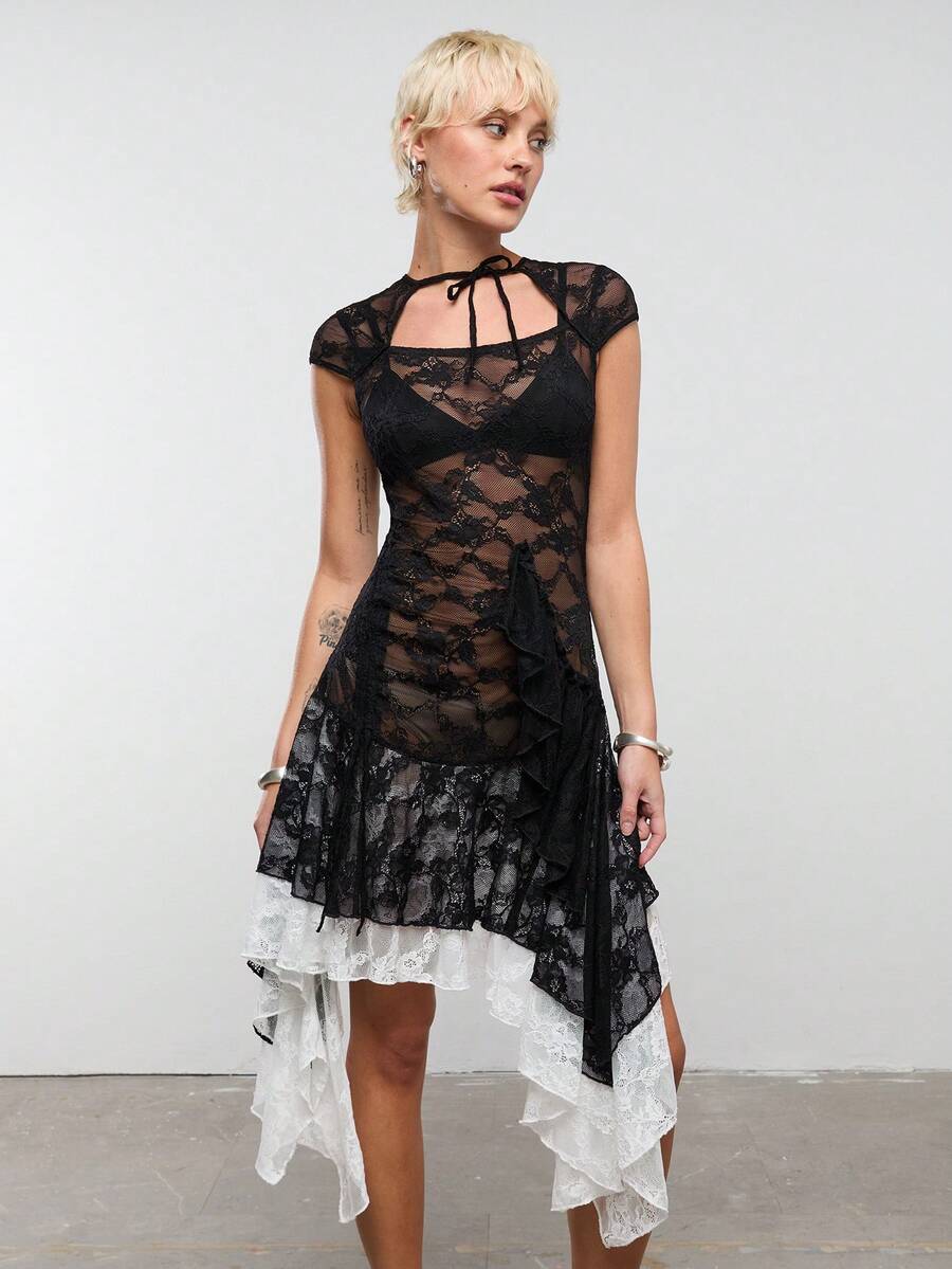 COUREZ 蕾丝中长连衣裙，上身镂空设计 - 彩色 - 查看 1