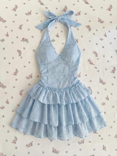 Elamini Blue Floral Embroidered V-Neck Halter Backless Ruched Tiered Ruffle Hem Mini Dress, Women's Sweet Cute Elegant Vacation Beach Boho Vintage Casual Dating Everyday Versatile, Spring/Summer