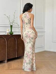 EastFlair Đầm maxi cổ yếm in hình bướm thanh lịch dành cho nữ mùa hè - Màu be - Xem 6