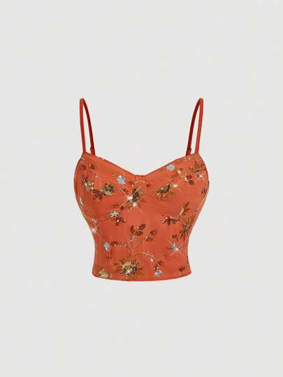 SHEIN MOD Women's Sequin Embroidery Decorated Crop Camisole Top