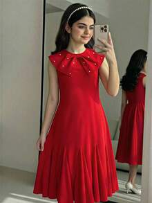 Vestido de fiesta elegante tipo ball gown para niñas preadolescentes, vestido de muñeca sin mangas con ribete de volantes, decoración de moño 3D y cuentas, vestido de estilo sofisticado para primavera/verano - Rojo - Ver 4