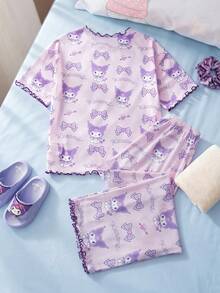 HELLO KITTY AND FRIENDS | SHEIN 少女卡通印花荷叶边短袖上衣和裤子睡衣套装 - 淺粉色 - 查看 2