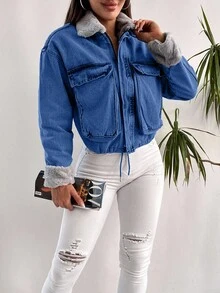 EURMUSE 100%Cotton Fuzzy Collar Flap Pocket Drop Shoulder Denim Jacket - Baby Blue - View 5